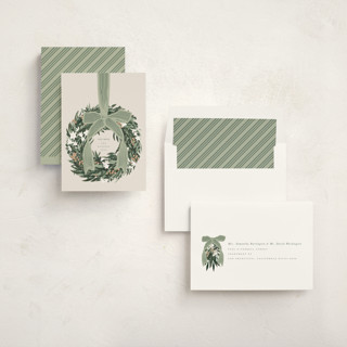 This is a sage non photo holiday cards with standard by Leah Bisch called big bow printing on signature in standard