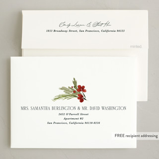 This is a juniper non photo holiday cards with standard by Kate Ahn called simple sprig printing on signature in standard