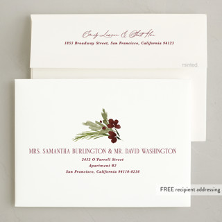 This is a merlot non photo holiday cards with standard by Kate Ahn called simple sprig printing on signature in standard