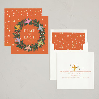 This is a spice non photo holiday cards with standard by Cass Loh called peace dove pine wreath printing on signature in standard