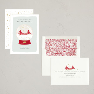 This is a juniper non photo holiday cards with standard by Laura Bercovich called golden gate globe printing on signature in standard