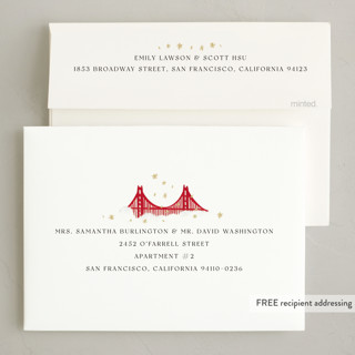 This is a juniper non photo holiday cards with standard by Laura Bercovich called golden gate globe printing on signature in standard