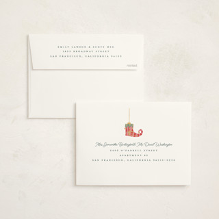 This is a champagne non photo holiday cards with standard by Teju Reval called fun ornaments printing on signature in standard