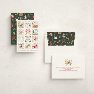This is a cranberry non photo holiday cards with standard by Sarah Knight called 12 days of christmas stamps printing on signature in standard