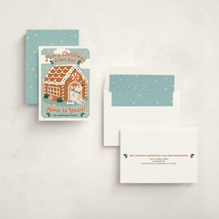 This is a cider non photo holiday cards with standard by THE SOCIAL TYPE WHOLESALE called gingerbread dog house printing on signature in standard
