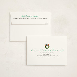 This is a frosted mint non photo holiday cards with standard by Cass Loh called the jolly storefront printing on signature in standard