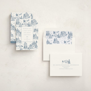 This is a periwinkle non photo holiday cards with standard by Jennifer Lew called christmas toile printing on signature in standard