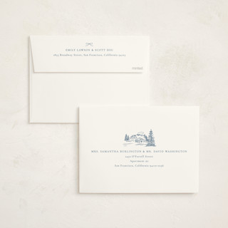 This is a periwinkle non photo holiday cards with standard by Jennifer Lew called christmas toile printing on signature in standard