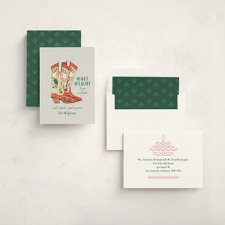 This is a fog non photo holiday cards with standard by Leia Matt called howdy holidays boots printing on signature in standard