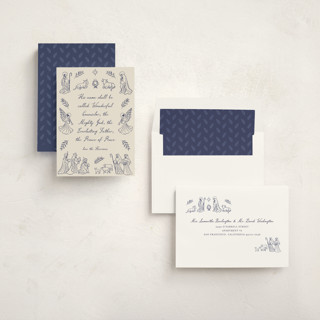 This is a indigo non photo holiday cards with standard by Jamie Alexander called nativity printing on signature in standard