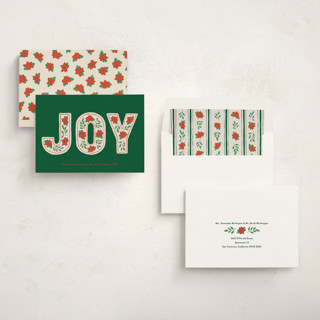This is a evergreen non photo holiday cards with standard by Kelly Williams called poinsettia joy printing on signature in standard
