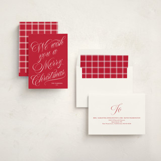 This is a cranberry non photo holiday cards with standard by Kate Ahn called with flourish printing on signature in standard