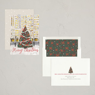 This is a candy cane non photo holiday cards with standard by Cass Loh called city christmas tree printing on signature in standard