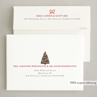 This is a candy cane non photo holiday cards with standard by Cass Loh called city christmas tree printing on signature in standard