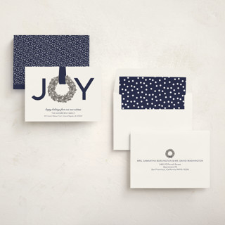 This is a blueberry non photo holiday cards with standard by Sarah Brown called joy wreath printing on signature in standard