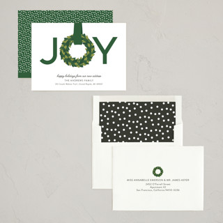 This is a evergreen non photo holiday cards with standard by Sarah Brown called joy wreath printing on signature in standard