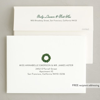 This is a evergreen non photo holiday cards with standard by Sarah Brown called joy wreath printing on signature in standard