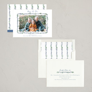 This is a frozen new year photo cards with standard by Petra Kern called scalloped greenery printing on recycled smooth signature in standard