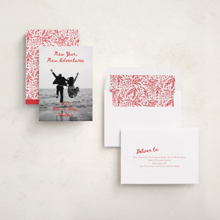 This is a holly berry new year photo cards with standard by Alethea and Ruth called new adventure xo's printing on recycled smooth signature in standard
