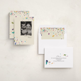 This is a eggnog new year photo cards with standard by Eric Ransom called dabbed confetti printing on recycled smooth signature in standard