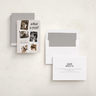 This is a linen new year photo cards with standard by Everett Paper Goods called newsprint printing on recycled smooth signature in standard