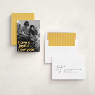 This is a goldenrod new year photo cards with standard by Kacey Kendrick Wagner called bright message printing on recycled smooth signature in standard