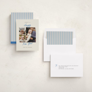 This is a azure new year photo cards with standard by Amy Kross called sincere cheer printing on recycled smooth signature in standard