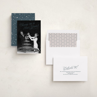 This is a navy new year photo cards with standard by Kate Ahn called lively note printing on recycled smooth signature in standard