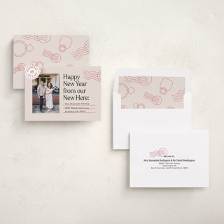 This is a cranberry new year photo cards with standard by Shari Margolin called new here printing on recycled smooth signature in standard