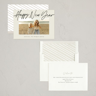 This is a ecru new year photo cards with standard by AK Graphics called cheerfilled printing on recycled smooth signature in standard