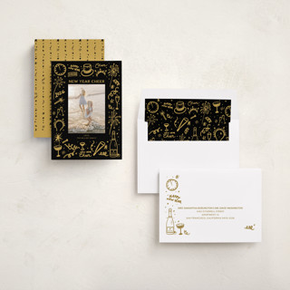 This is a golden new year photo cards with standard by Erika Firm called new year cheer doodles printing on recycled smooth signature in standard