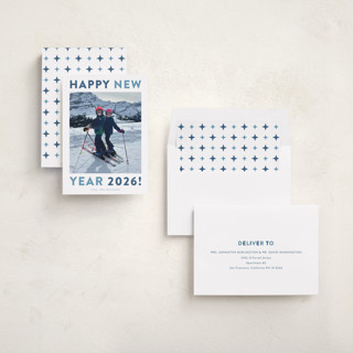 This is a aqua new year photo cards with standard by Carolyn MacLaren called happy colors printing on recycled smooth signature in standard