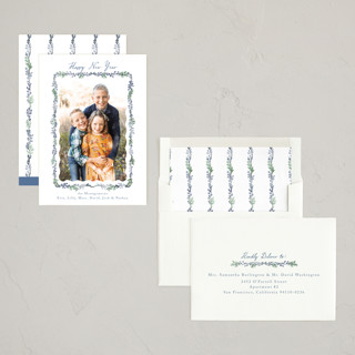 This is a frozen new year photo cards with standard by Petra Kern called scalloped greenery printing on recycled smooth signature in standard