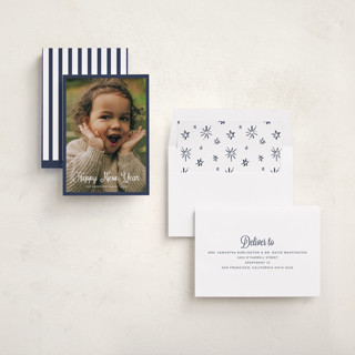 This is a denim new year photo cards with standard by Cass Loh called cursive bottom printing on recycled smooth signature in standard