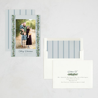 This is a winter sky new year photo cards with standard by Rebecca Durflinger called evergreen garlands printing on recycled smooth signature in standard