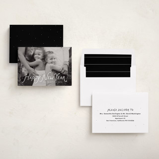 This is a penguin new year photo cards with standard by Lea Delaveris called handwritten happy printing on recycled smooth signature in standard