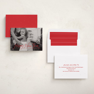 This is a sleigh new year photo cards with standard by Lea Delaveris called handwritten happy printing on recycled smooth signature in standard