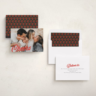 This is a poinsettia new year photo cards with standard by Morgan Kendall called vintage script printing on recycled smooth signature in standard