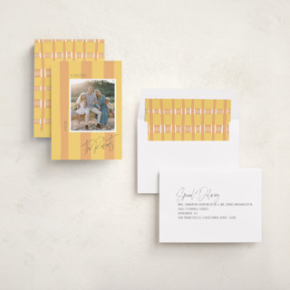 This is a peach new year photo cards with standard by Cindy Reynolds called painted stripes printing on recycled smooth signature in standard