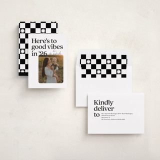 This is a coal new year photo cards with standard by Jackie Crawford called good vibes in 25 printing on recycled smooth signature in standard
