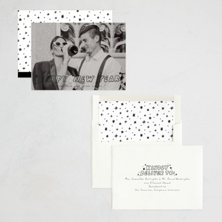 This is a midnight new year photo cards with standard by Everett Paper Goods called pizazz printing on recycled smooth signature in standard