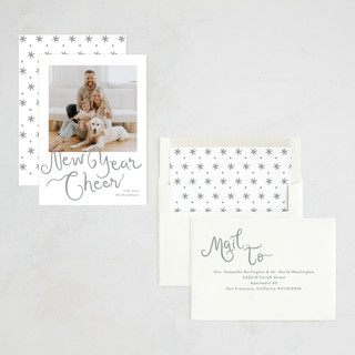 This is a tinsel new year photo cards with standard by Megan Davis called meringue printing on recycled smooth signature in standard