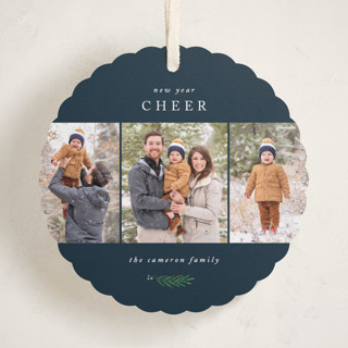 This is a navy holiday card ornaments with standard by Kelly Schmidt called be joyful printing on recycled smooth signature in ornament