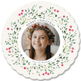 This is a green holiday card ornament by Itsy Belle Studio called Greenery Wreath with standard printing on recycled smooth signature in ornament.