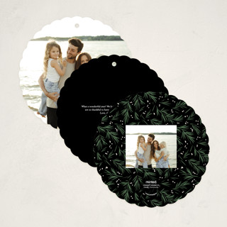 This is a coal holiday card ornaments with standard by Everett Paper Goods called full wreath printing on recycled smooth signature in ornament