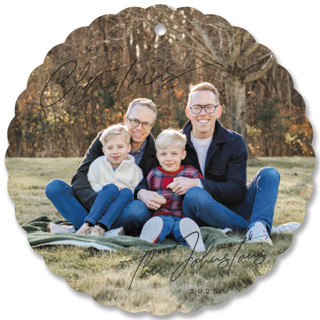 This is a black holiday card ornament by Design Lotus called Christmas Time is Here with standard printing on pearlescent in ornament.