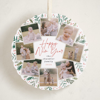 This is a snowfall holiday card ornaments with standard by Alethea and Ruth called pine wreath printing on recycled smooth signature in ornament