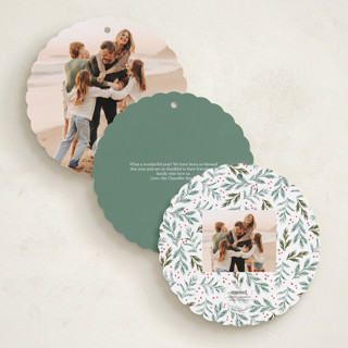 This is a snowfall holiday card ornaments with standard by Alethea and Ruth called pine wreath printing on recycled smooth signature in ornament