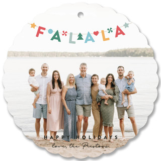 This is a colorful holiday card ornament by Maria Alou called Holiday Banner with standard printing on pearlescent in ornament.