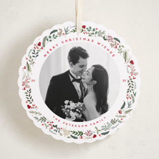 This is a crimson holiday card ornaments with standard by Susan Moyal called petite botanicals printing on recycled smooth signature in ornament